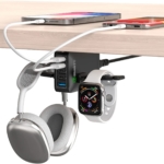 HORUMP Headphone Stand with 5 Port USB Charger, Under Desk Headset Hook Holder Hanger Mount with USB Charging Station and iWatch Stand Smart Watch Charging Dock Dual Earphone Hanger Hook